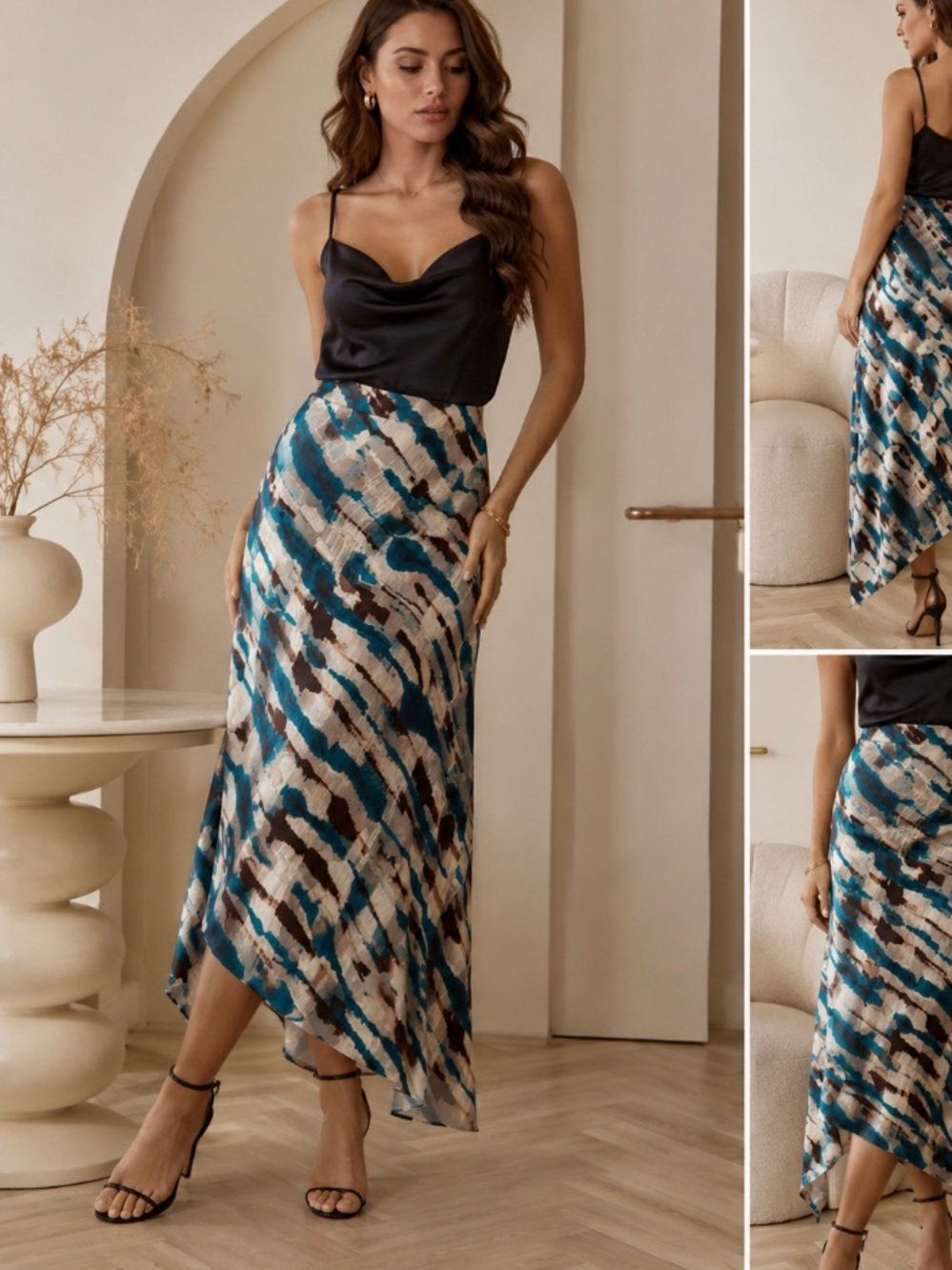 GO BY GO SILK Teal, Black & Cream Asymmetrical Silk Skirt size S